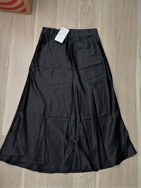 Black Satin A-Line Midi Skirt by